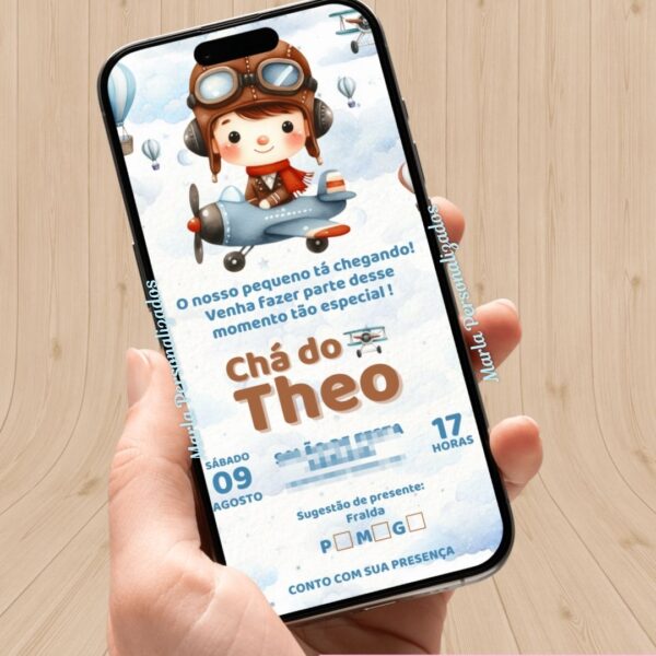 Convite Digital – Chá de fraldas Ursinho aviador