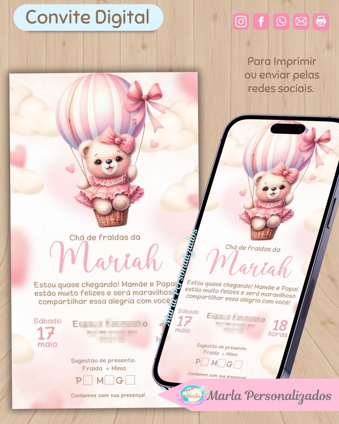 Convite digital Chá de fraldas ursinha rosa aquarelada (1)