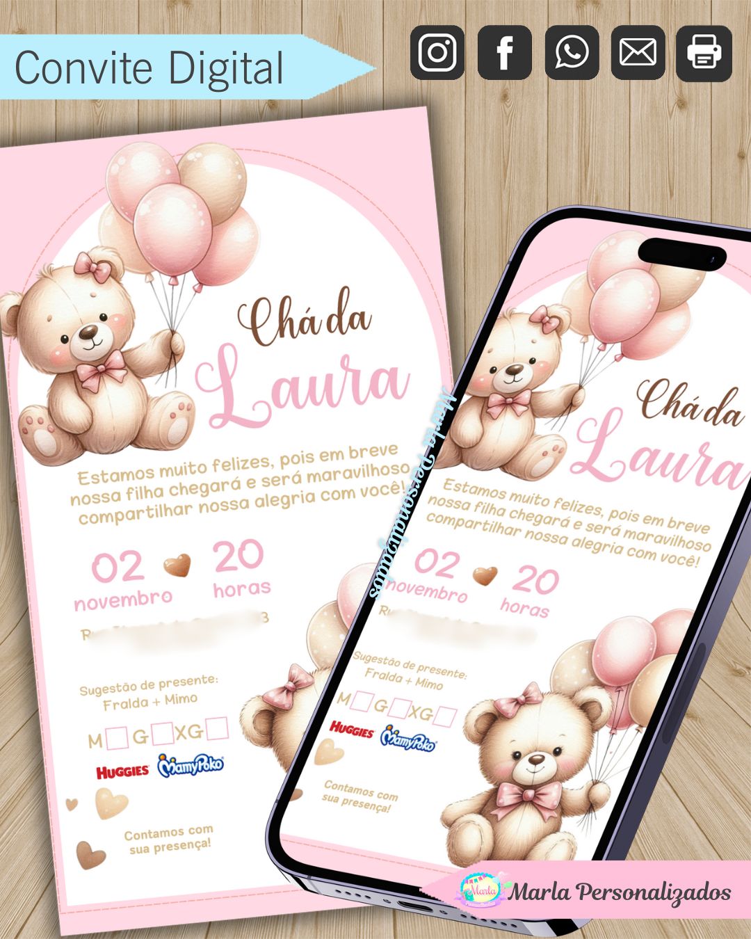 Convite digital cha de fraldas ursinha rosa iaaa