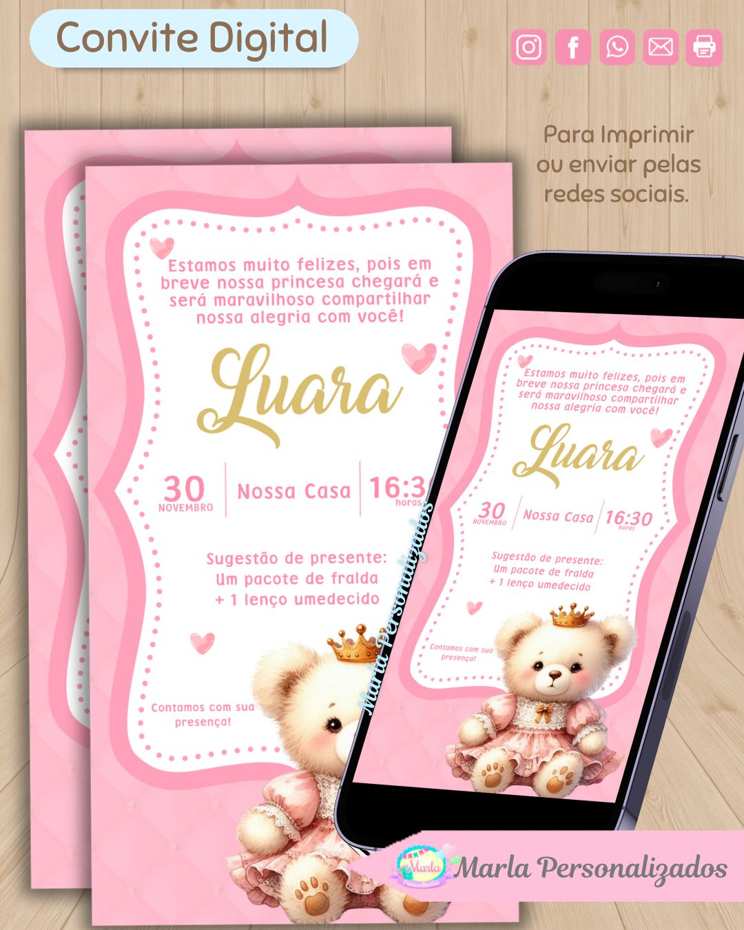 Convtite digital ursinha princesa rosa