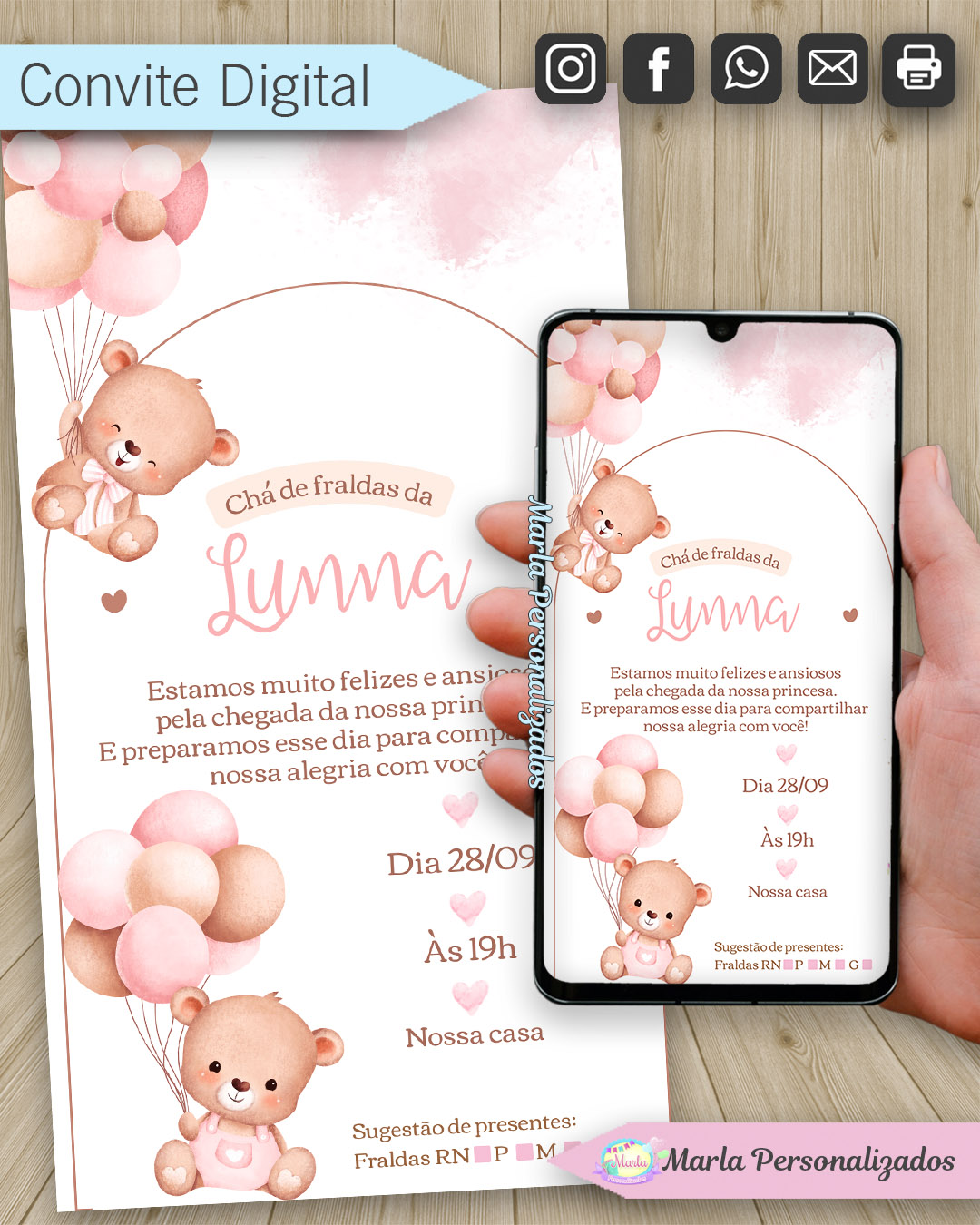 convite digitacha de fraldas ursinha rosa 1