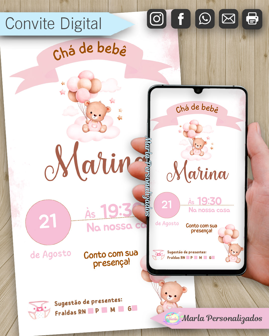 convite digitacha de fraldas ursinha rosa