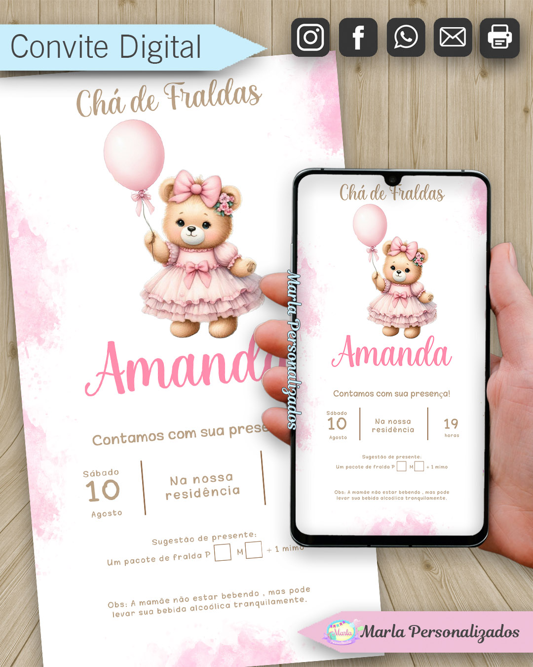 convite digitacha de fraldas ursinha rosa2