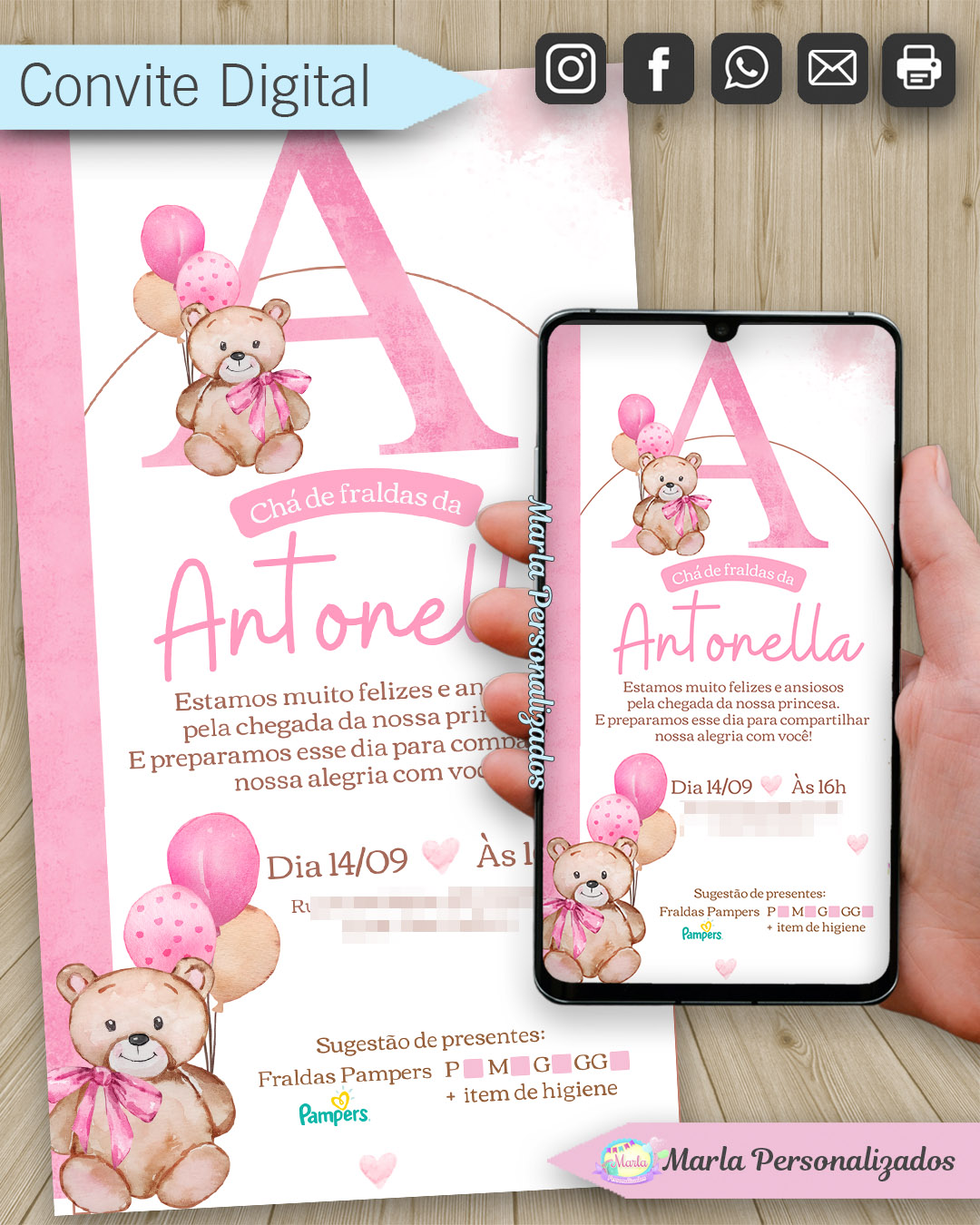 convite digitacha de fraldas ursinha rosa3