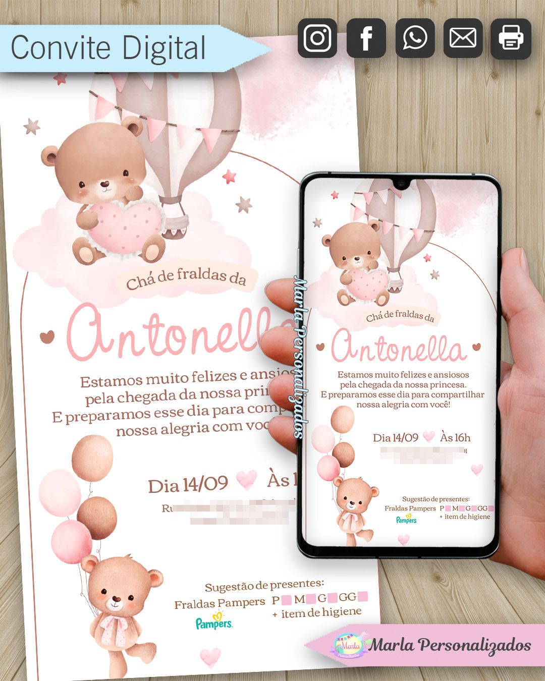 convite digitacha de fraldas ursinha rosa4