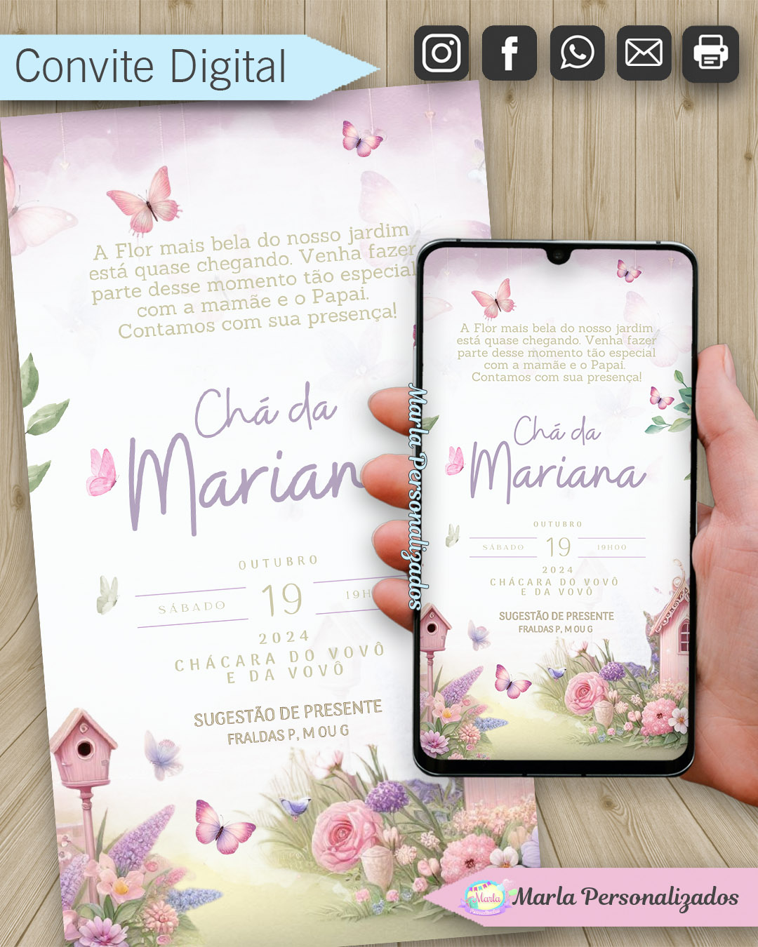 convite digital cha de fraldas jardim encnatado borboletas fundo iaaa