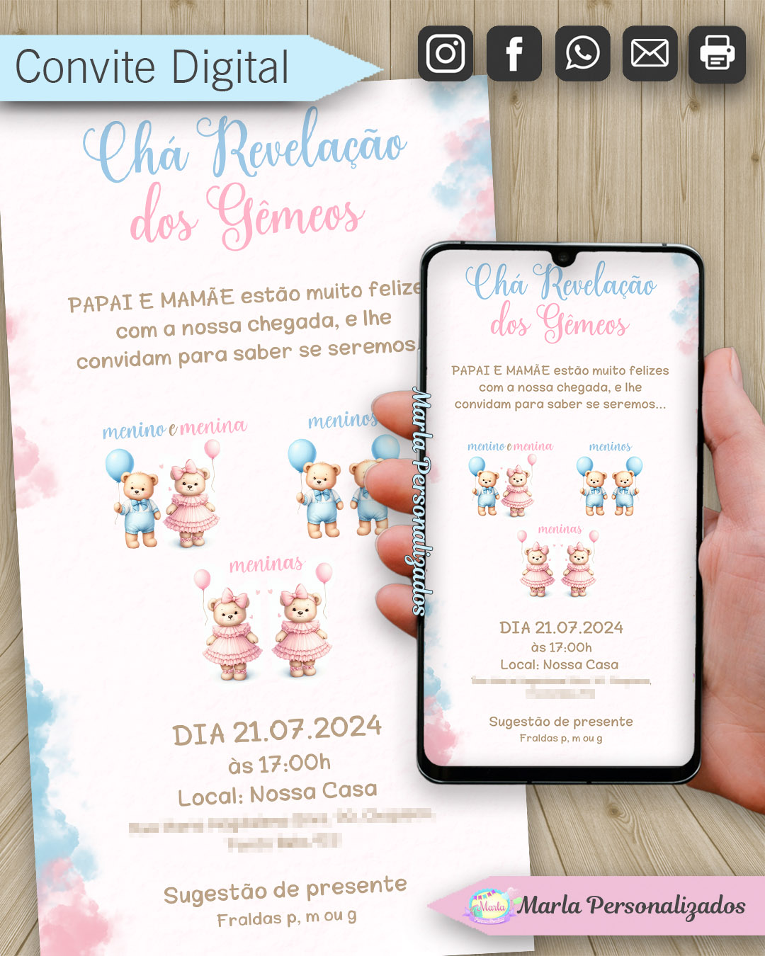 convite digital cha revelação gemeos azul e rosa