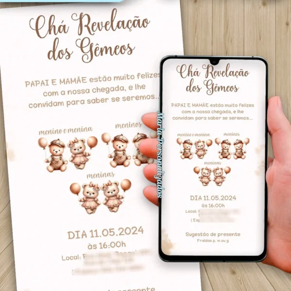 Convite Digital – Chá Revelação GÊMEOS Marrom (NUDE)