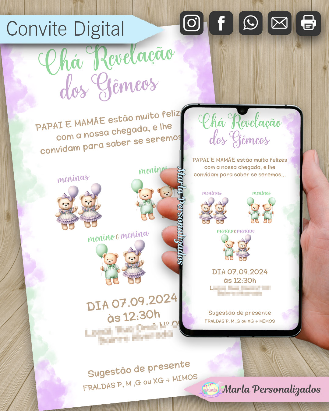 convite digital cha revelaçao gemeos verde e lilás